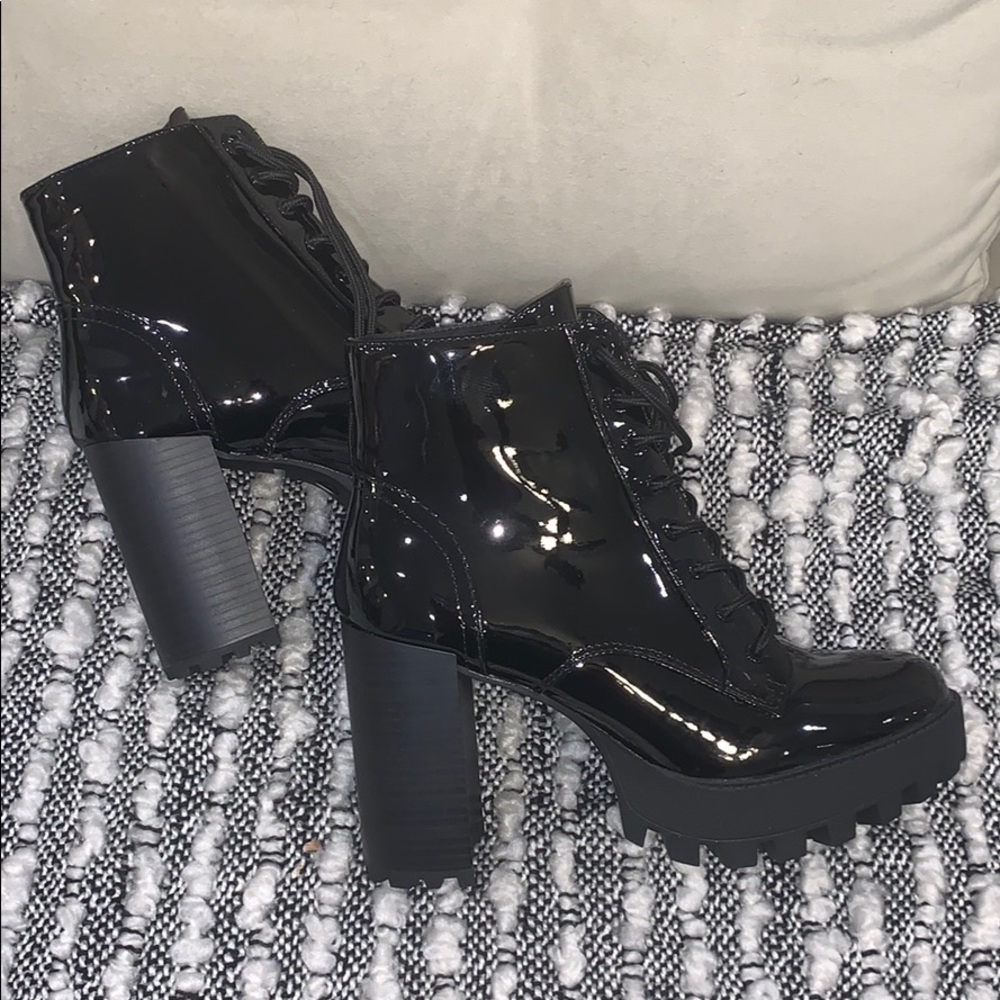 Black combat platform patent leather boots!